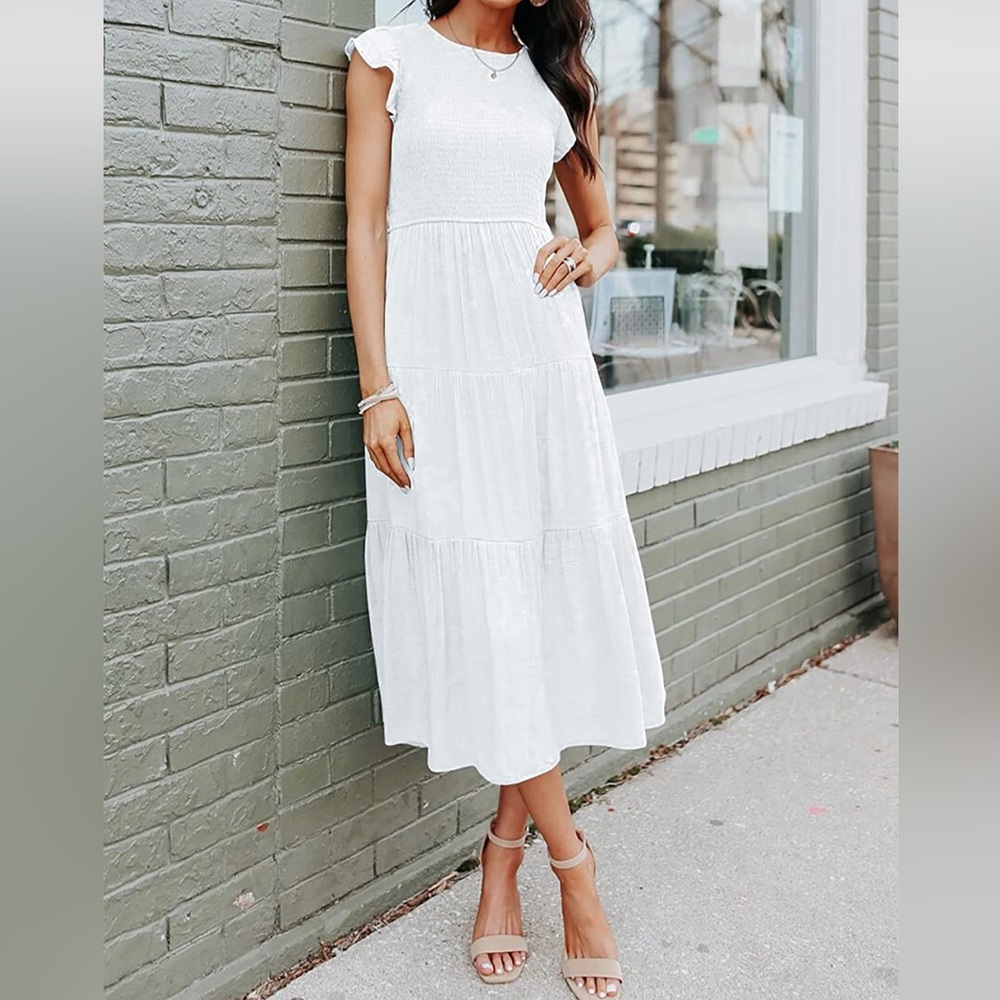 NWT Flutter Short Sleeve Smocked Midi Dress Summer Casual Tiered A-Line Dress